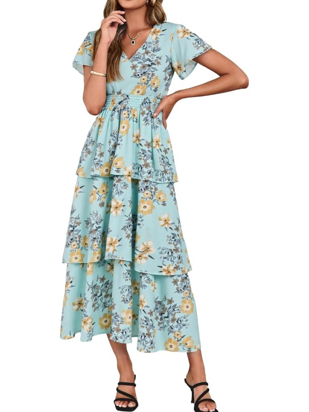 Women's Green Yellow Floral Short Sleeves V Neck Long Ruffle Tiered Maxi Dress